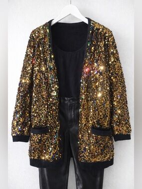 Roaman's Gold Sequin Open-Front Cardigan with Multicolor Accents